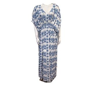 World Market Blue White Kaftan Maxi Dress NWT L/XL Boho Tie Neck Summer